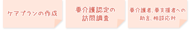 ケアプランの作成,要介護認定の訪問調査,要介護者、要支援者への助言、相談応対